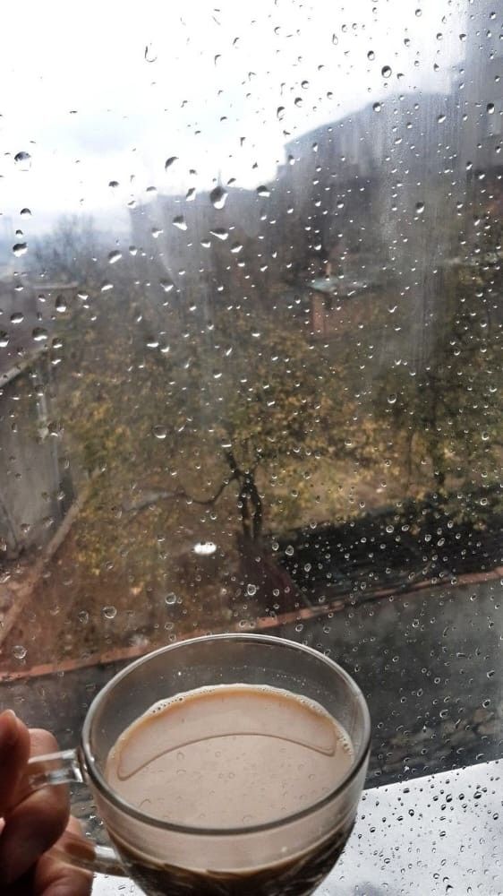 a hand holding a glass cup with liquid in it on a rainy window sill