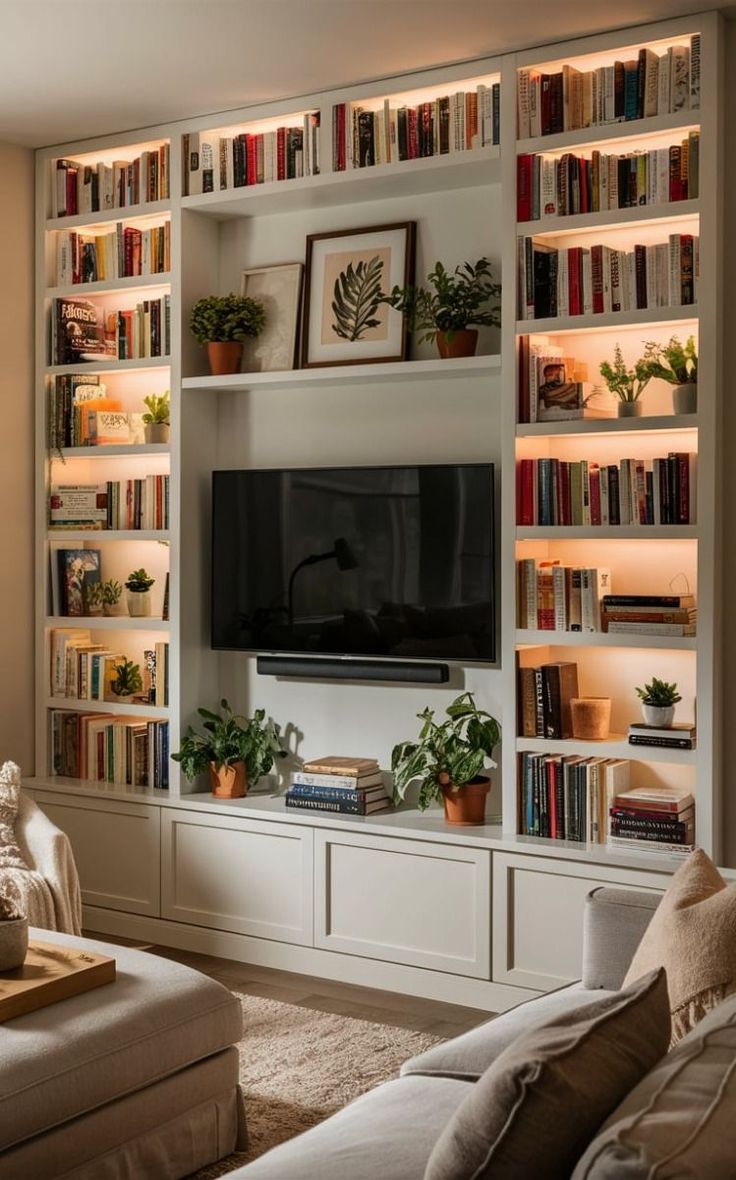 a living room filled with lots of furniture and bookshelves covered in shelves next to a flat screen tv