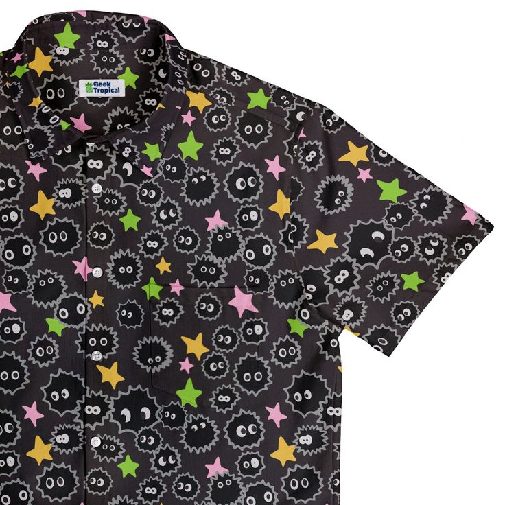 Sootsprites Anime Button Up Shirt Funny Multicolor Shirt With Cartoon Print, Kawaii Cotton Shirt With Character Print, Black Kawaii Tops For Cosplay, Playful Multicolor Shirt With Funny Print, Cute Multicolor Printed Shirt, Fun Multicolor Cartoon Print Shirt, Short Sleeve Shirt With Funny Print, Kawaii Short Sleeve Shirt With Character Print, Cosplay Cotton Shirt With Character Print