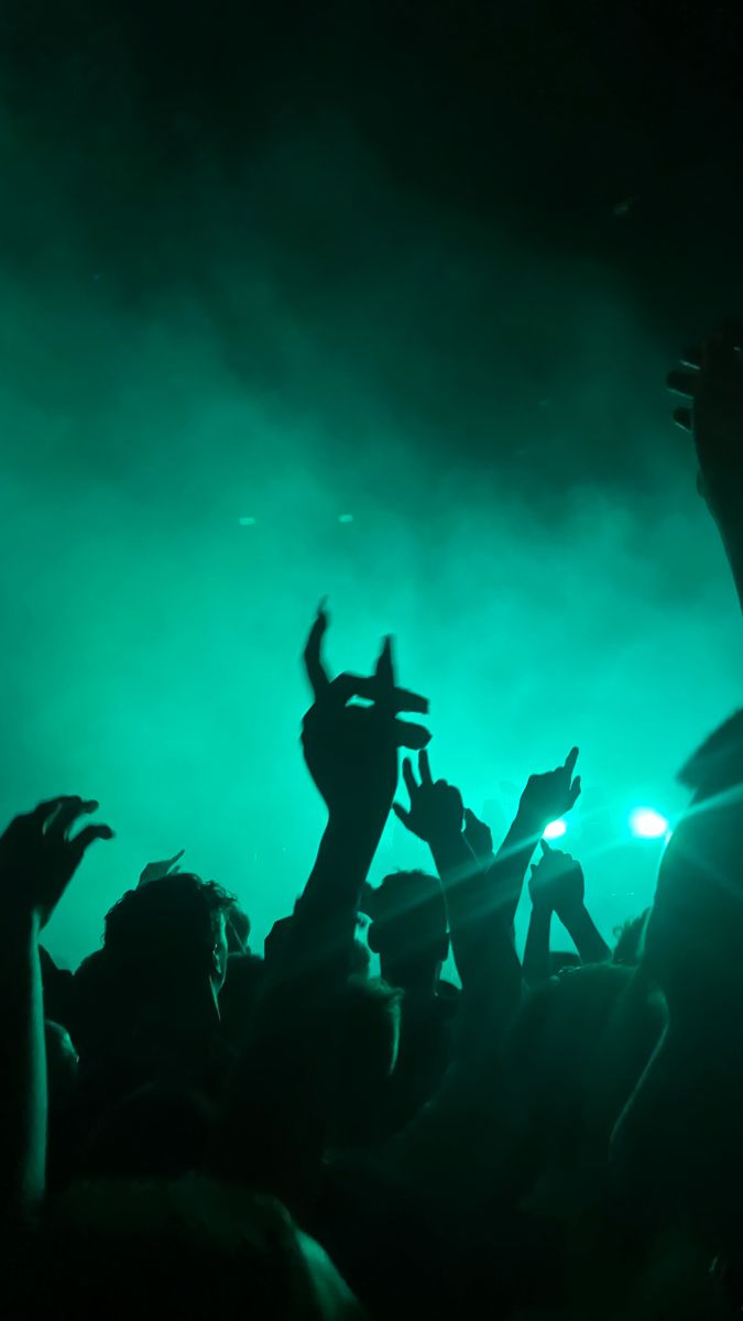 a crowd of people at a concert with their hands in the air and lights on