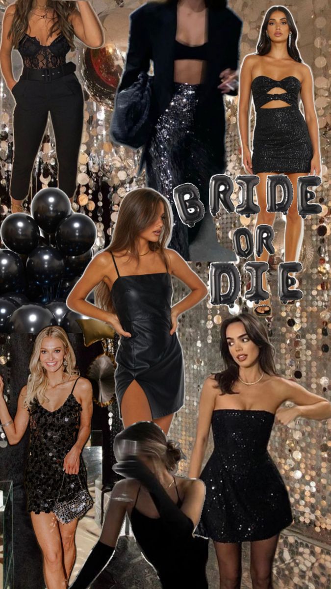 the collage shows women in black dresses and sequins, one woman is wearing a