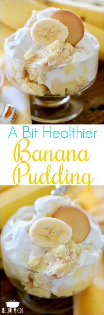 banana pudding in a glass bowl with two slices cut out and the words, abt healthier bananas pudding