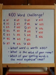 a whiteboard with words written on it in front of a wooden easer that says $ 100 word challenge