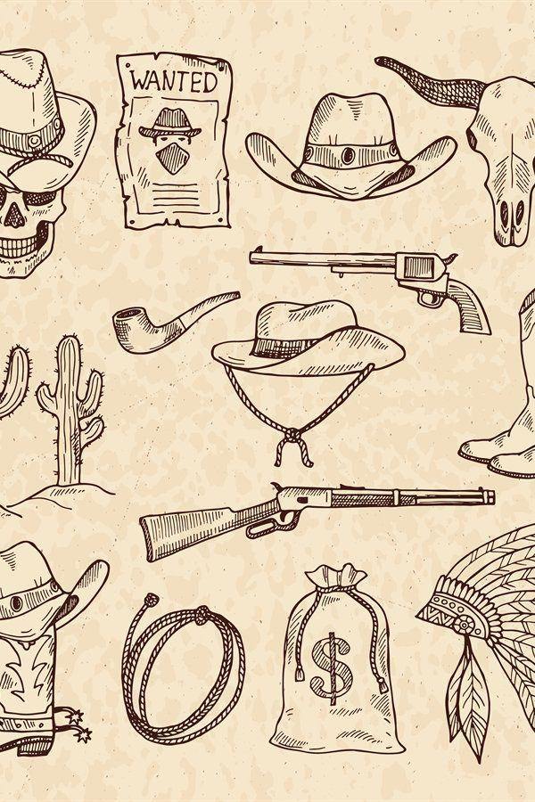 hand drawn western related items on old paper