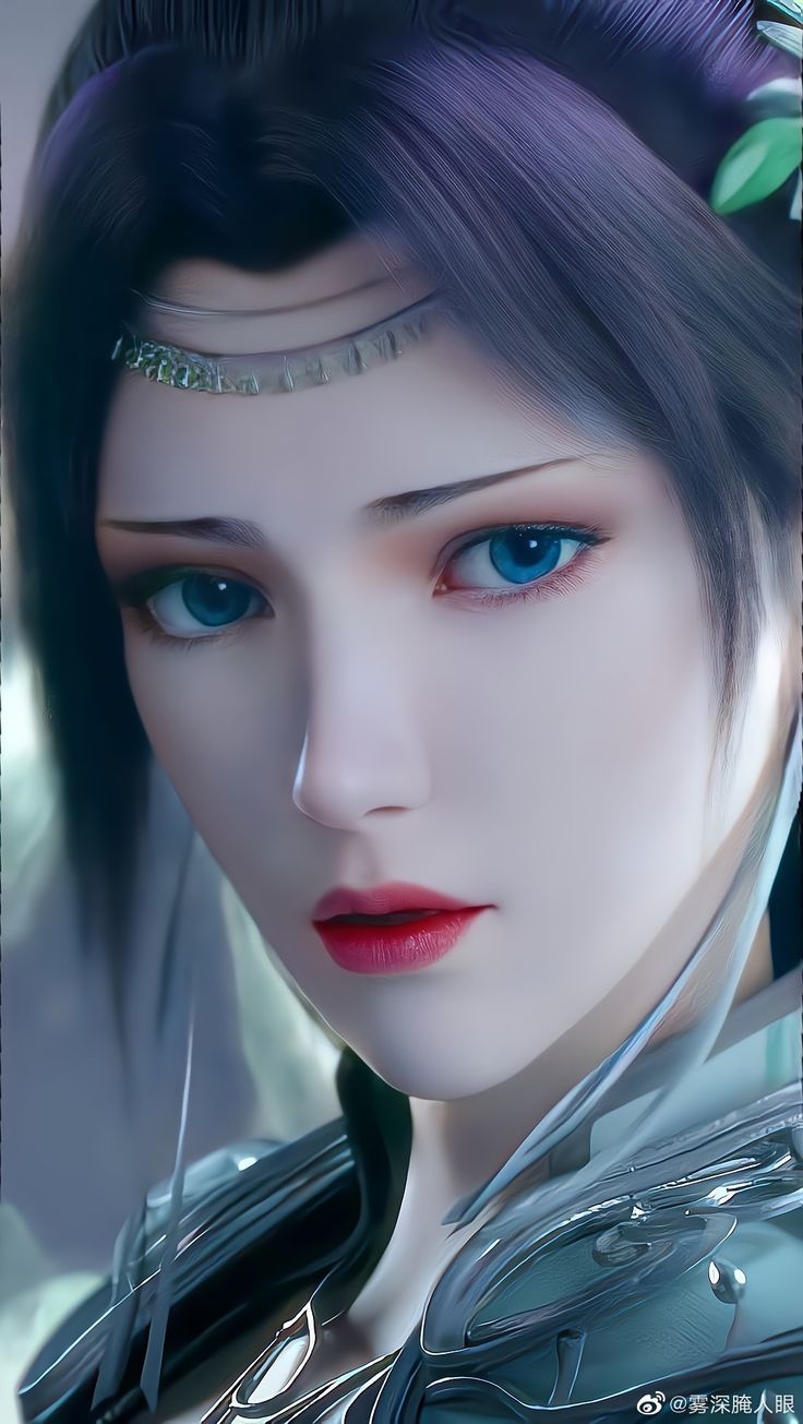 a digital painting of a woman with blue eyes and black hair, wearing silver jewelry