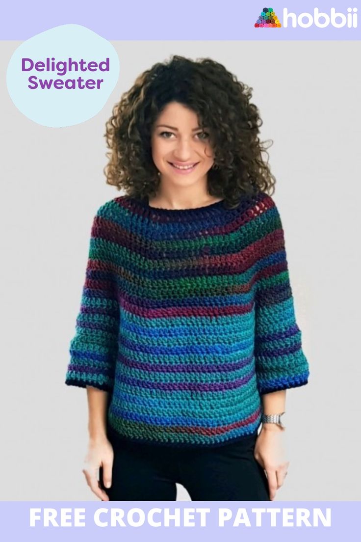 a woman wearing a multicolored crochet sweater with the text free crochet pattern