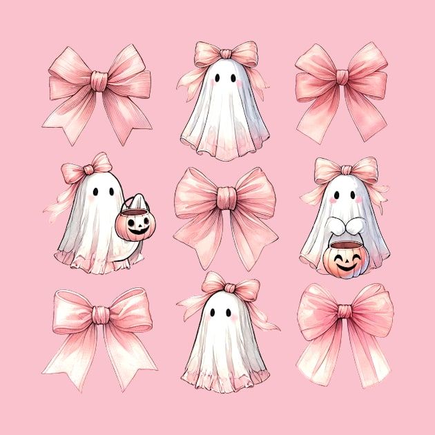 some pink bows and ghost heads on top of each other in different shapes, sizes and colors