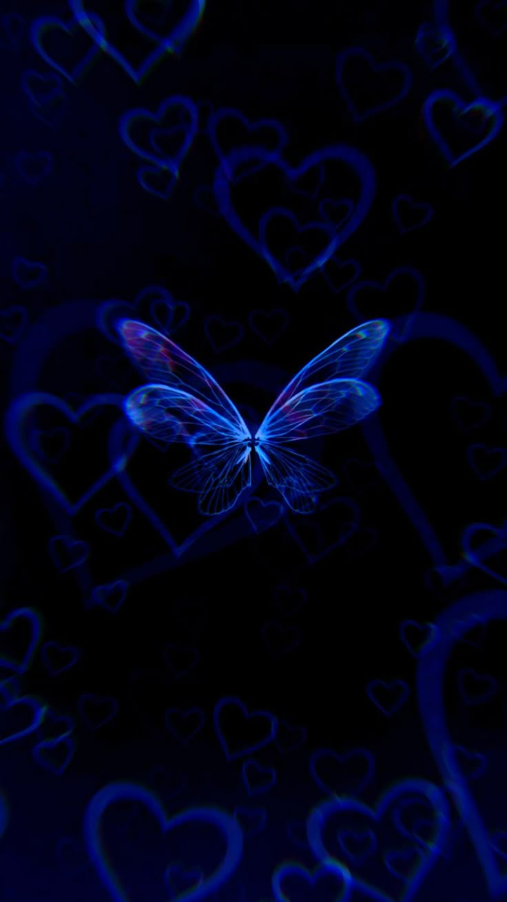 a blue butterfly flying through the air with hearts on it's backgroun