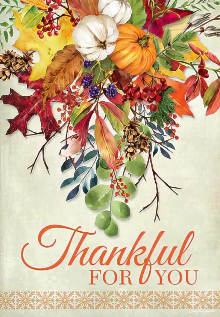 a thanksgiving card with the words, grateful for you and an image of fall leaves