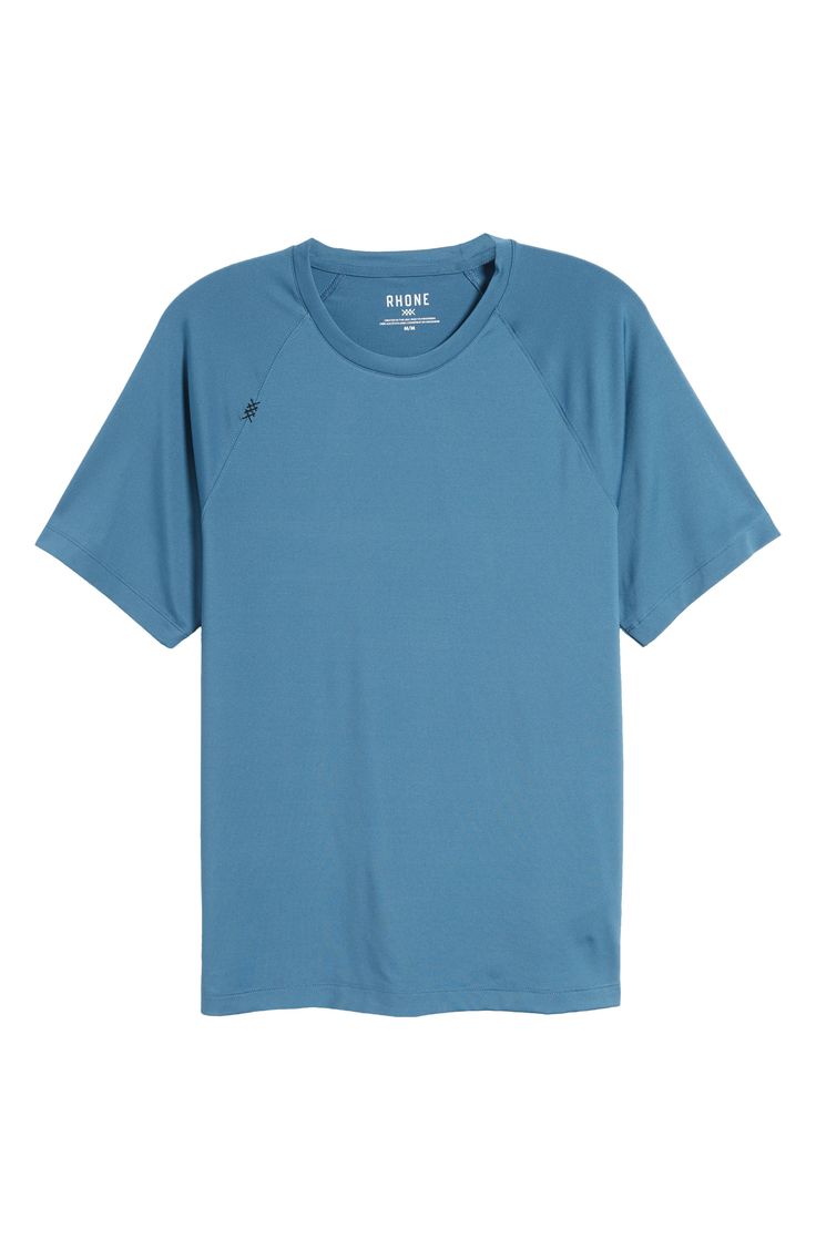 a blue t - shirt with an embroidered logo on the chest