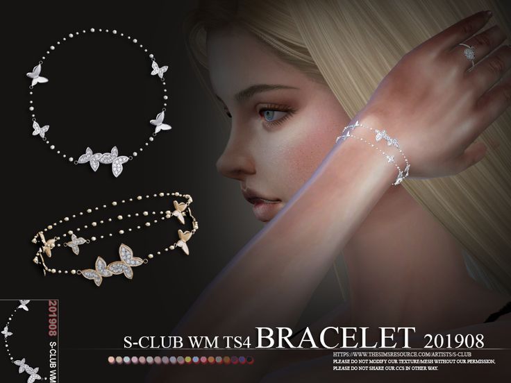 an advertisement for bracelets with pearls and butterflies on the wrist, in front of a woman's face