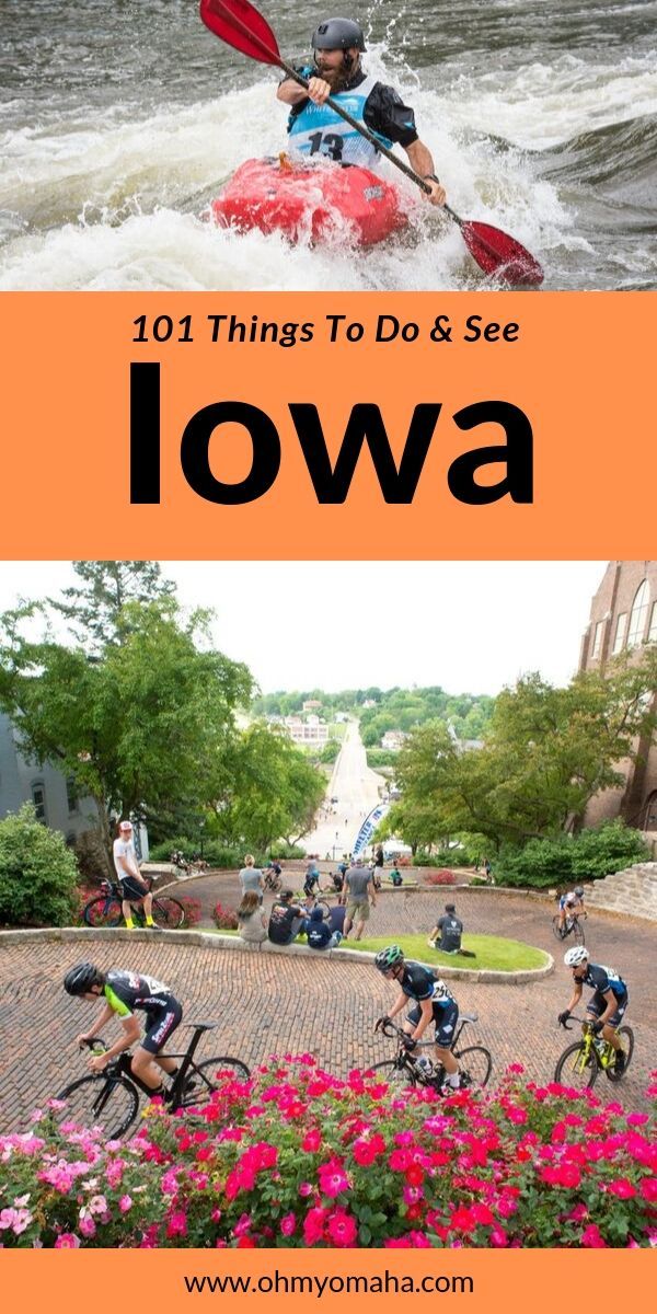 people are riding kayaks in the water with flowers around them and an orange sign that reads 101 things to do & see iowa