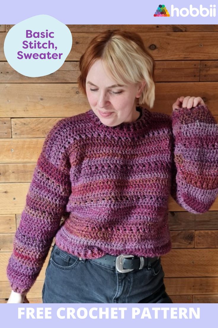 a woman wearing a purple knitted sweater with the text, free crochet pattern