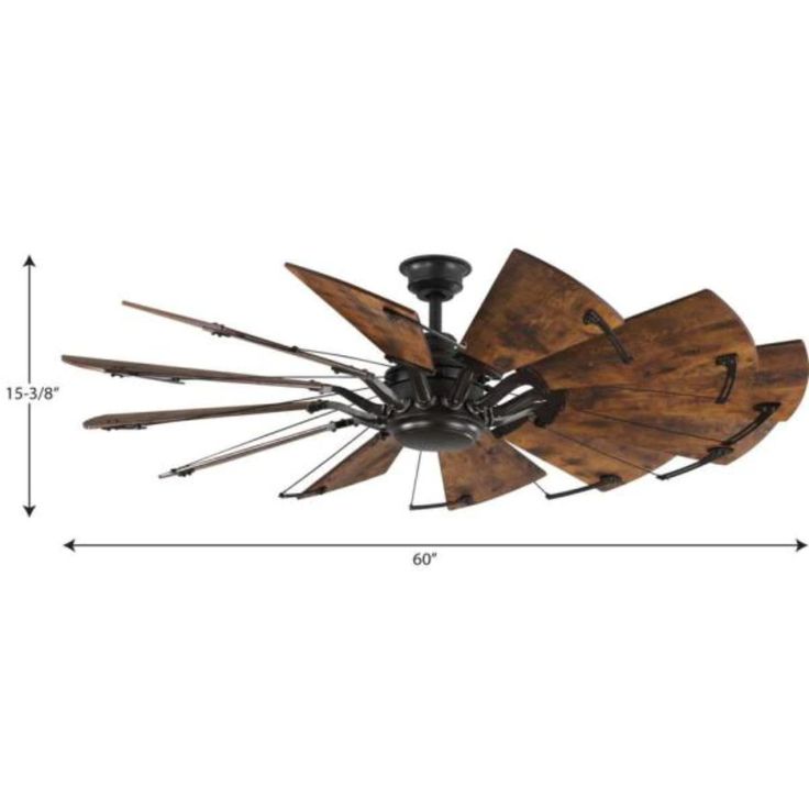 a ceiling fan with wooden blades on it and measurements for the blades in front of it