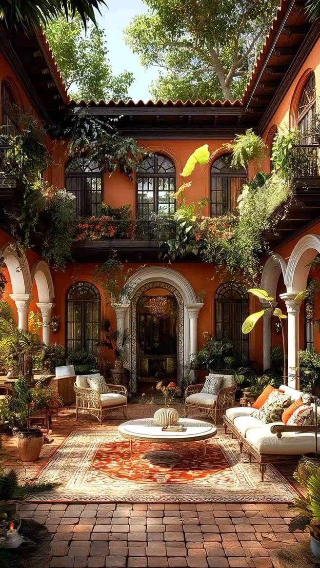 an outdoor courtyard with seating and potted plants on either side, surrounded by greenery