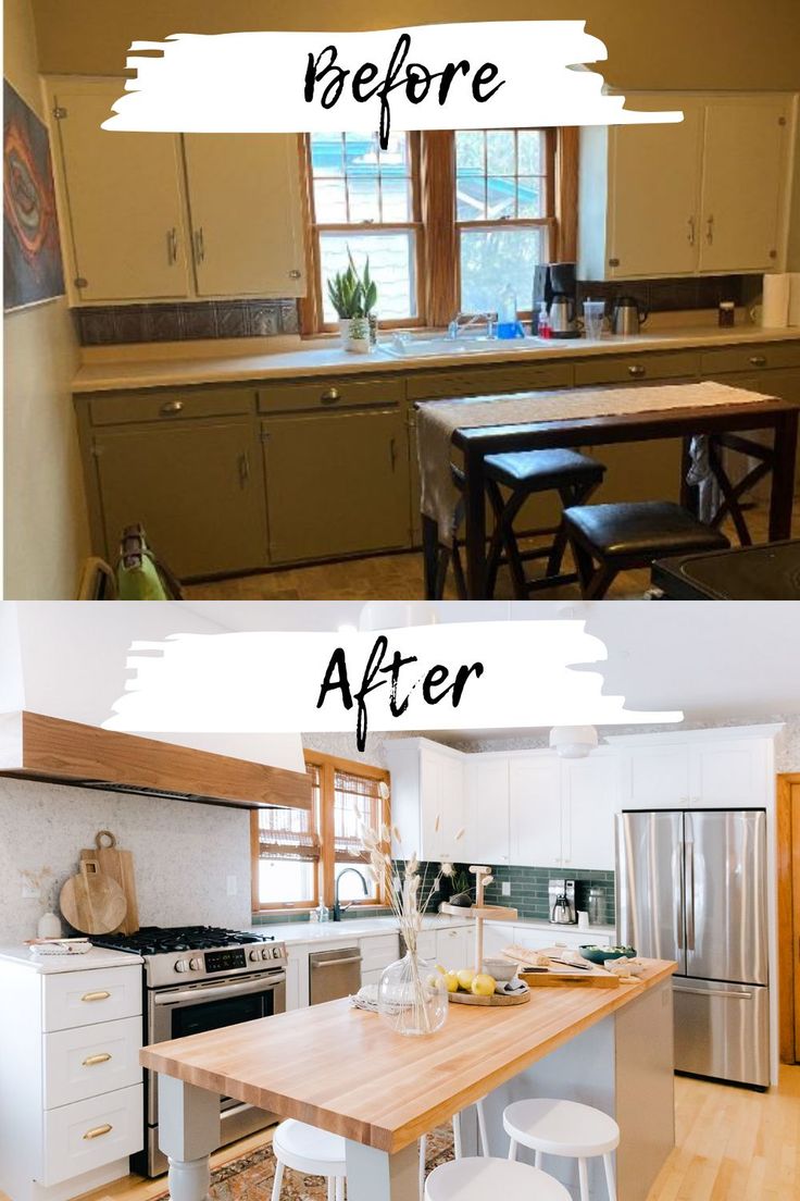 before and after photos of a kitchen island with stools