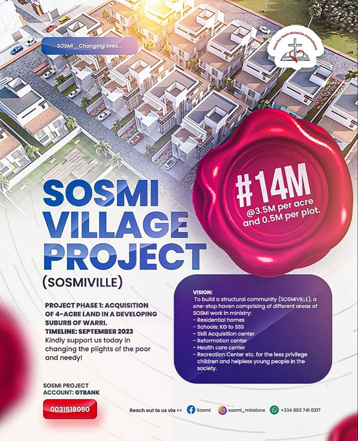 the poster for sosm village project is shown in red and purple colors, with an image of houses