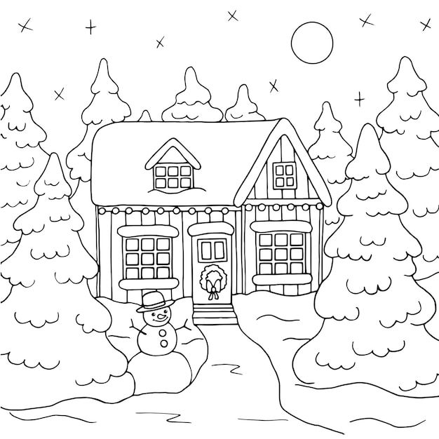 a house in the winter with snowman and christmas trees on the lawn coloring page