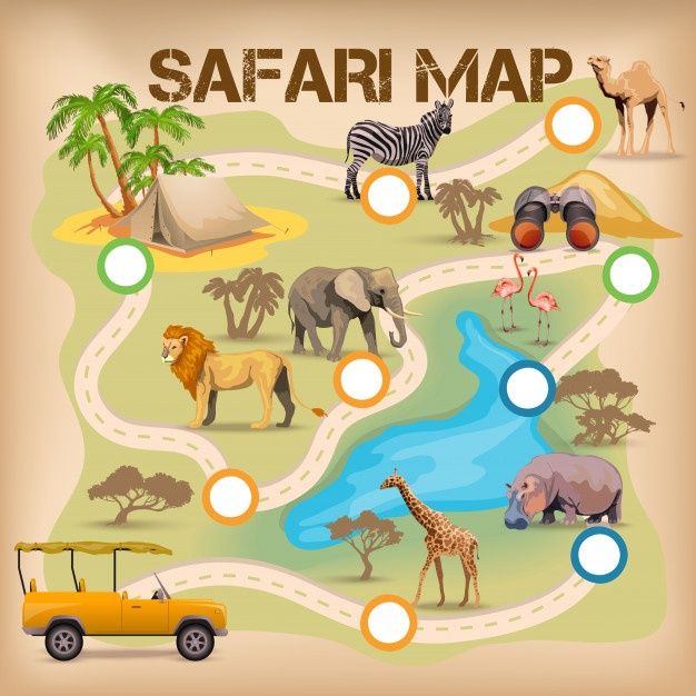 safari map with animals and cars