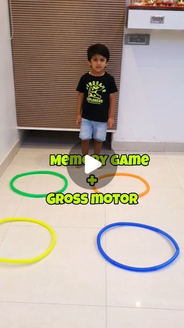 a little boy standing in front of some colorful circles on the floor with words men by game and gross motor