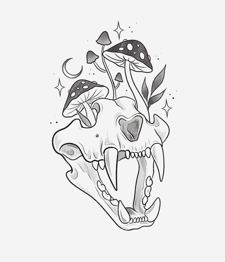 a black and white drawing of a skull with mushrooms on it