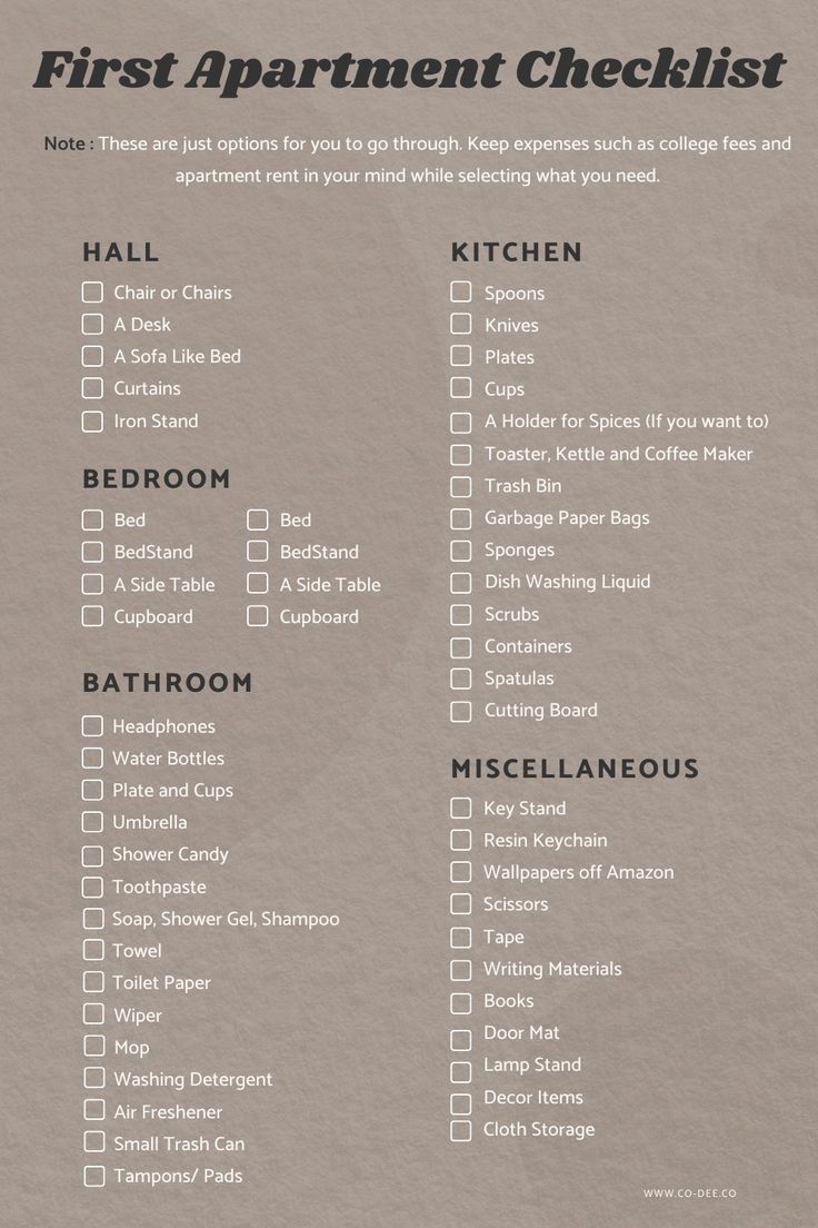 the first apartment checklist is shown in grey