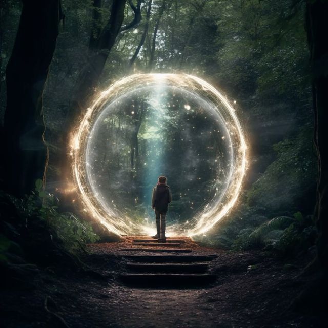 a man standing in the middle of a forest with a glowing circle on his face