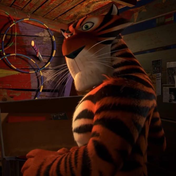 an animated tiger is standing in front of a painting on the wall and looking at something