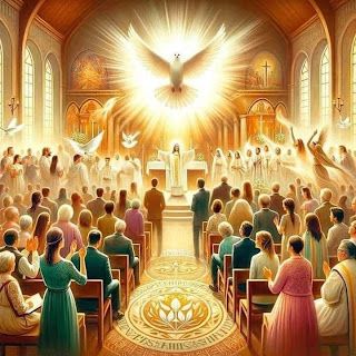 a large group of people sitting in front of a church filled with white doves