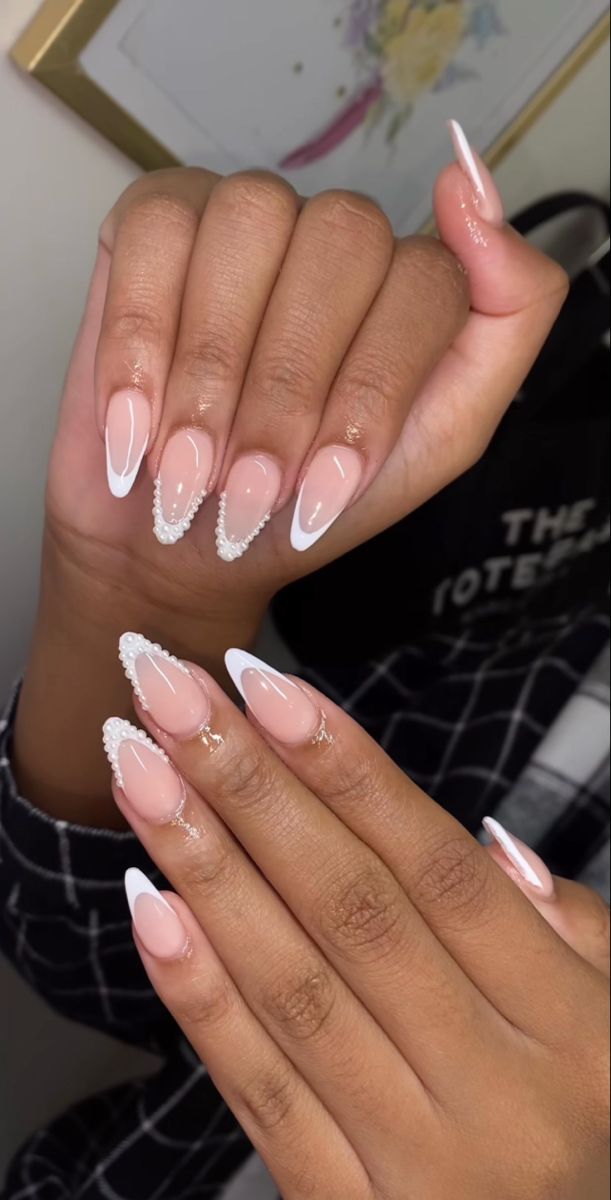 French Tip Bridesmaid Nails, Bridesmaid French Nails, Almond Nails Wedding Classy, Almond Nails With Pearls On Them, Gel Nail Designs Oval Shape, 2024 Graduation Nails Ideas, Classy Baddie Nails Almond, Short Almond Nails Designs Simple Classy, Almond Graduation Nails