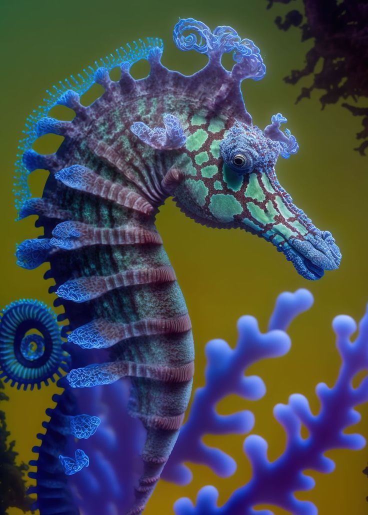 a close up of a sea horse in the water with algae and corals around it