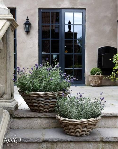 two wicker baskets with lavender plants in front of a house