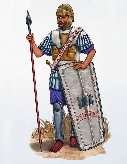 a painting of a roman soldier holding a spear and shield with writing on the side