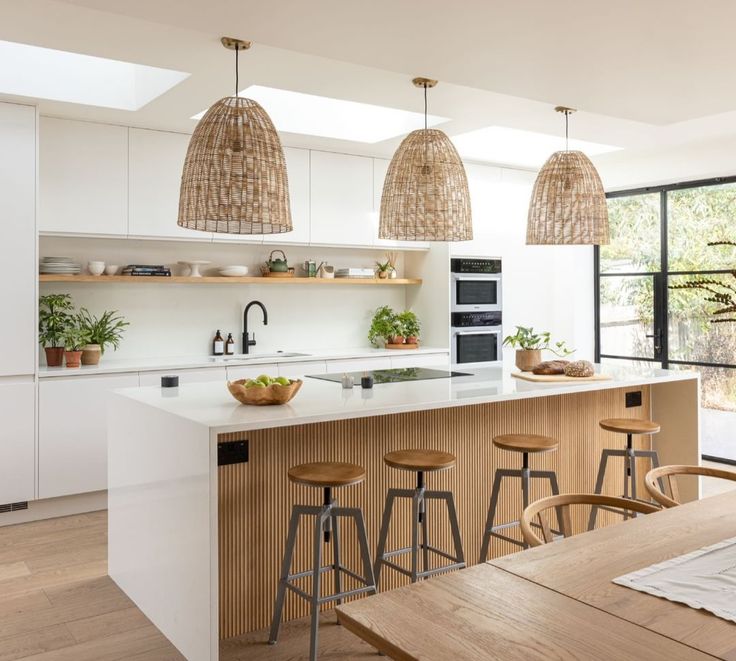 a kitchen with an island and wooden stools