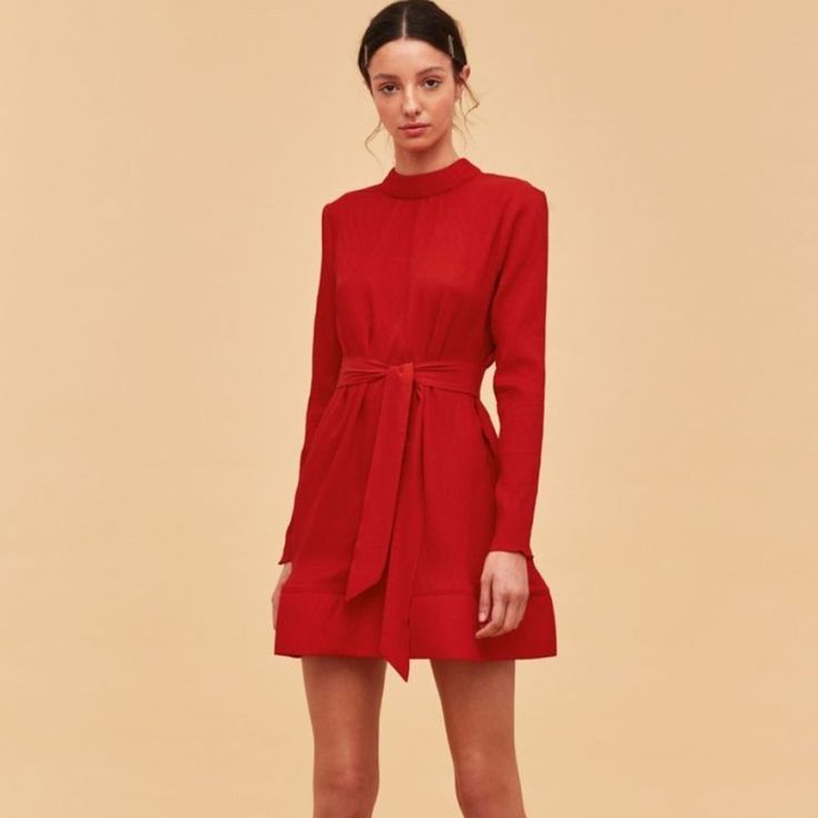 C/Meo Collective Comes In Waves Dress Red Pretty As Can Be, This Chic Red Mini Features A Structured Collar And Hem Band For A Polished, Feminine Look. Let It Speak For Itself And Keep Things Simple Down Below With Some Strappy Black Heels. - Mini Length - Structured Collar With Back Tie - Relaxed Fit - Long Sleeves - Keyhole At Back With Button Closure - Structured Hem Band - Self-Tie Waist - Lightweight Crinkle Fabric Red A-line Dress For Brunch, Fall Cocktail Belted Dress, Chic Red Winter Dress, Chic Red Mini Dress For Winter, Chic Long Sleeve Red Dress, Red Winter Workwear Dresses, Red Belted Long Sleeve Midi Dress, Red Long Sleeve Belted Midi Dress, Red Mini Dress For Winter Workwear