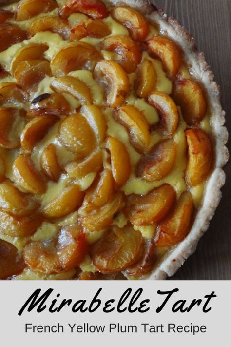 a close up of a pie on a table with the words mirabella tart