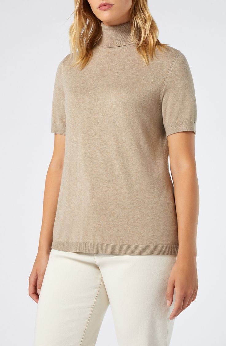 Enjoy the warmth and sophistication of this short-sleeve turtleneck sweater elevated in a luxe cashmere-kissed blend. Turtleneck Short sleeves 65% viscose, 32% polyamide, 3% cashmere Hand wash, dry flat Imported Short Sleeve Fine Knit Cashmere Top, Cashmere Fine Knit Short Sleeve Tops, Short Sleeve Cashmere Fine Knit Tops, Elegant Short Sleeve Cashmere Top, Fall Short Sleeve Cashmere Sweater, Fall Cashmere Sweater With Short Sleeves, Fall Cashmere Short Sleeve Sweater, Fitted Short Sleeve Cashmere Tops, Elegant Fine Knit Short Sleeve T-shirt