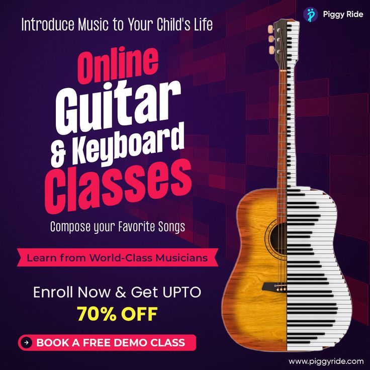 an advertisement for the online guitar and keyboard classes