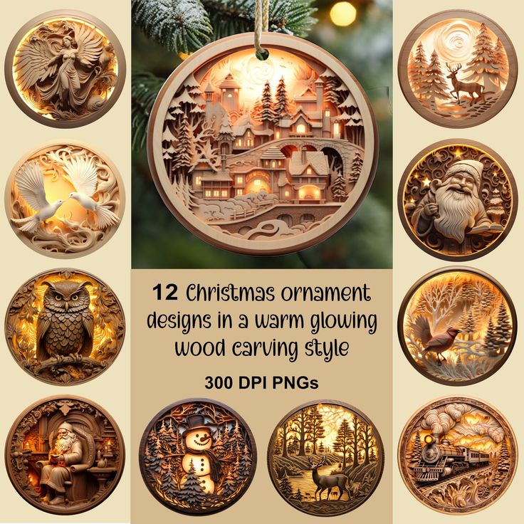 twelve wooden christmas ornaments hanging from a tree with the words, 12 christmas ornaments designs in a warm glowing wood carving style