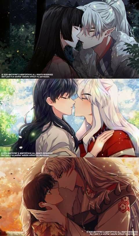 two anime characters kissing in the woods