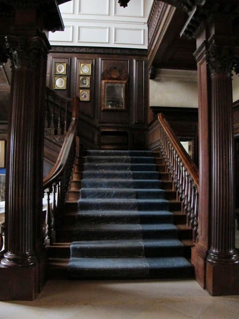 an ornate staircase with blue carpet and wooden handrails leading up to the second floor