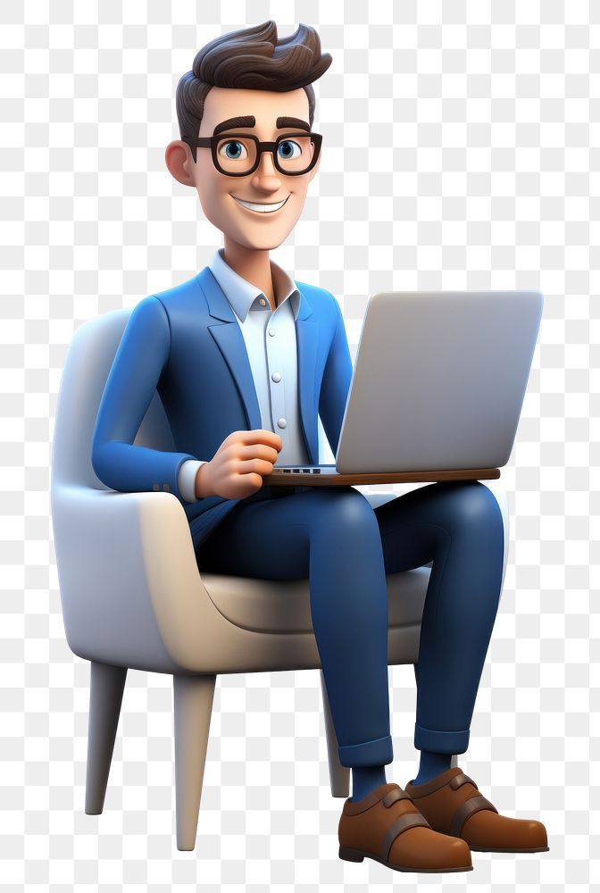 a cartoon man sitting in a chair using a laptop computer