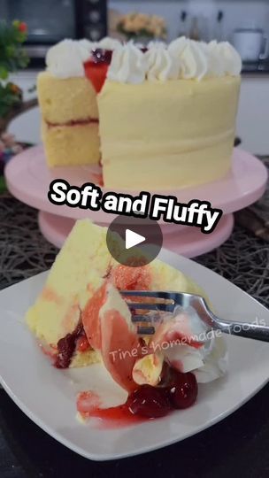 two different types of cake on plates with the words soft and fluffy written below them