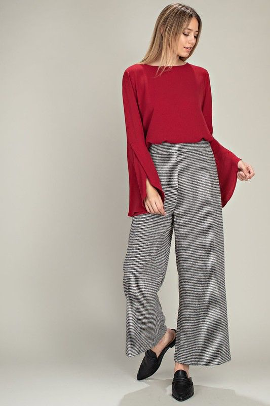 HOUNDS TOOTH WIDE LEG PANTS Wide Leg Ankle-length Pants With Elastic Waistband For Fall, Fall High-waisted Wide Leg Pants With Elastic Waistband, Fall Wide Leg Pants With Elastic Waistband For Work, Fall Houndstooth Trousers, Houndstooth Straight Pants For Fall, Straight Pants With Houndstooth Pattern For Fall, Fall Houndstooth Straight Pants, Fall Houndstooth Pattern Straight Bottoms, Fall High-waisted Houndstooth Pants