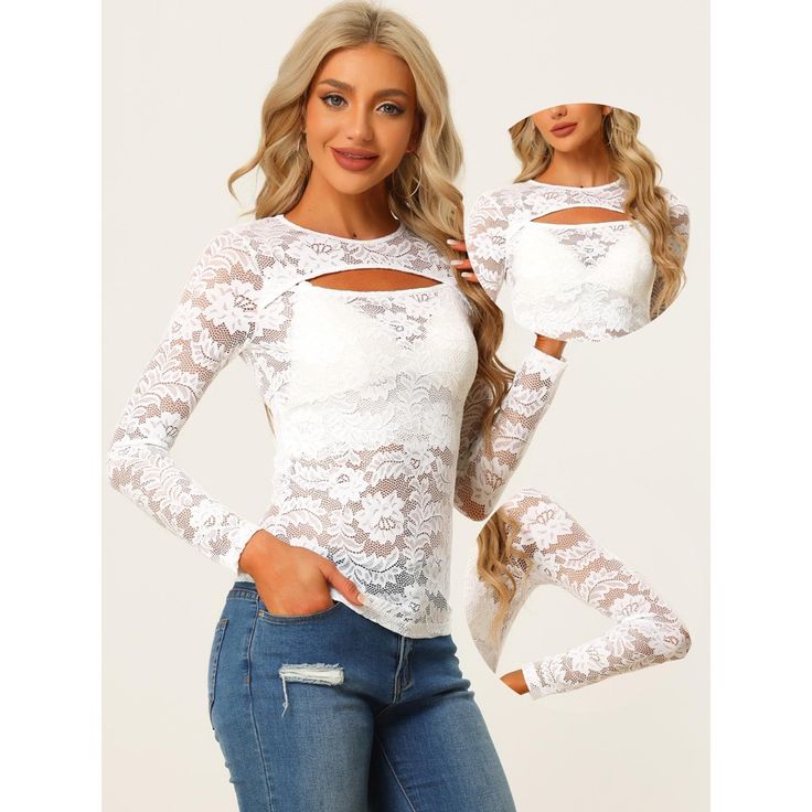 The allover sheer lace fabric of this long-sleeve top creates an alluring look, and it's sweetened up with crochet and floral lace detailing throughout. A feminine sheer lace paneled top with a cutout front is perfect for day-to-night looks. Add a blush of romantic charm to your everyday style with this long-sleeve mesh top with floral lace. This shirt is easy to pair with sleeveless dresses for warmth and cover-up, and it also can double as a layering piece during the cooler season. This stylis White Sheer Long Sleeve Mesh Top, White Sheer Long Sleeve Lace Top, Long Sleeve Lace Mesh Top With Lace Trim, Stretch Long Sleeve Lace Top, Sheer Long-sleeve Lace Top, Fitted Long Sleeve Lace Top, Stretch Lace Long Sleeve Top, Long Sleeve Lace Mesh Top With Lace Sleeves, Long Sleeve Mesh Top With Lace Sleeves