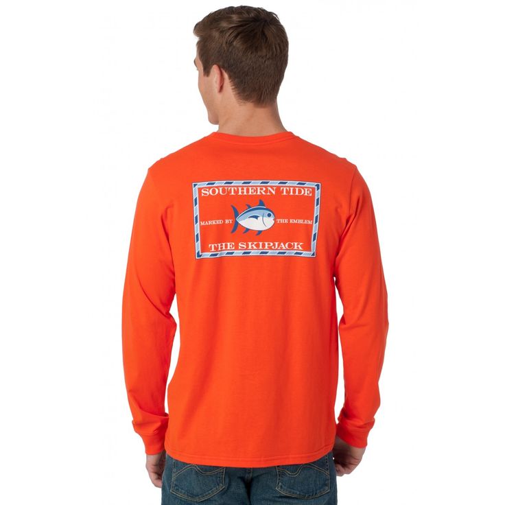 Southern Tide Long Sleeve Original Skipjack T-shirt Fall Crew Neck T-shirt With Back Print, Fall Long Sleeve T-shirt With Front Print, Cotton Long Sleeve T-shirt With Front Print, Graphic Tee With Screen Print Crew Shape, Orange Long Sleeve Tops With Letter Print, Pre-shrunk Orange Long Sleeve Tops, Long Sleeve T-shirt With Front Print For Fall, Casual Long Sleeve T-shirt With Graphic Design, Orange Long Sleeve Tops With Graphic Print