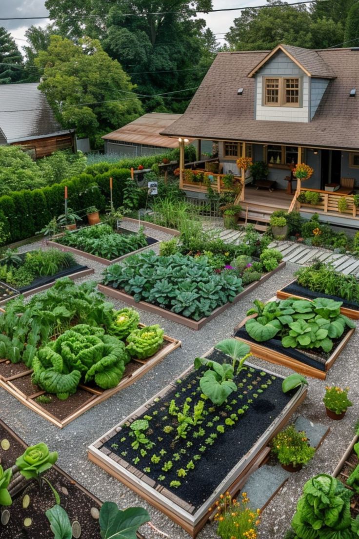 an aerial view of a garden with lots of green plants and vegetables in the center