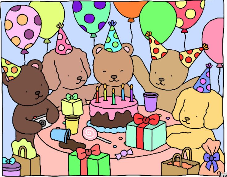 a group of teddy bears sitting at a table with birthday cake and presents in front of them