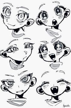 cartoon faces with different expressions drawn in black and white ink, including the eyes and mouth