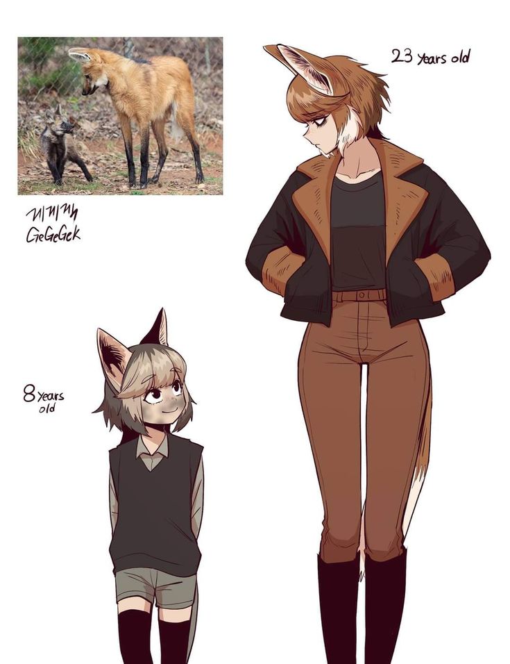 an anime character is standing next to a fox and another person with their hands on their hips